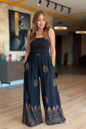 Motif Desen Beli Lastikli ve İpli Viskon Pantolon Siyah