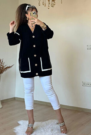 Kısa Gold Dugmelı Hırka Siyah