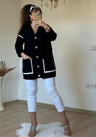 Kısa Gold Dugmelı Hırka Siyah