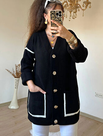 Kısa Gold Dugmelı Hırka Siyah