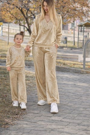 Angel Kadife Taşlı Takım Anne Krem