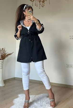 Kısa Kare Desen Trençkot Siyah