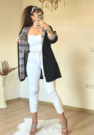 Kısa Kare Desen Trençkot Siyah