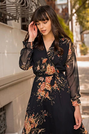 Uzun Sarı çiçekli Şifon Elbise - Siyah