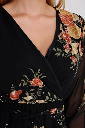 Uzun Sarı çiçekli Şifon Elbise - Siyah