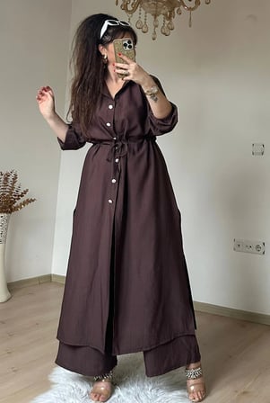 Bel Bağcıklı Tunık Takım Kahve