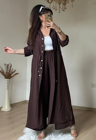 Bel Bağcıklı Tunık Takım Kahve