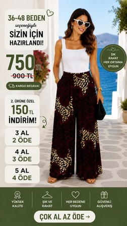 Çiçek Desen Beli Lastikli ve İpli Viskon Pantolon Bordo