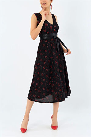 Sıfır Kol Kar Tanesi Desenli Krep Elbise