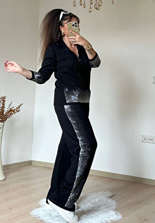 Romantik Taşlı Takım Siyah