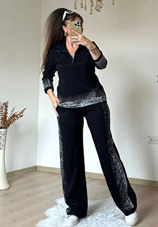 Romantik Taşlı Takım Siyah