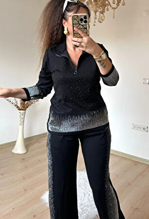 Romantik Taşlı Takım Siyah