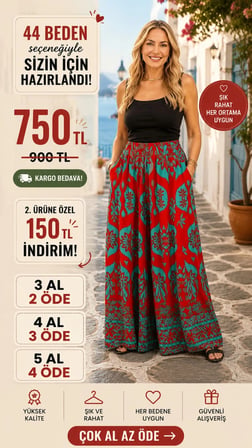 Etnik Desen Beli Lastikli ve İpli Viskon Pantolon Turkuaz