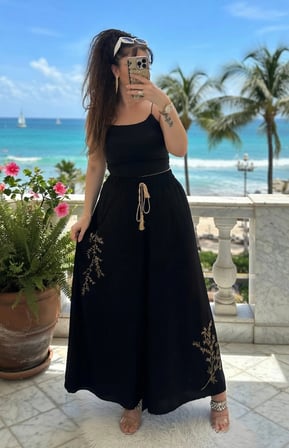Nakış İşlemeli Pantalon Etek Siyah