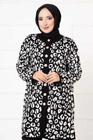 Leopar Desenli Düğmeli Hırka Siyah