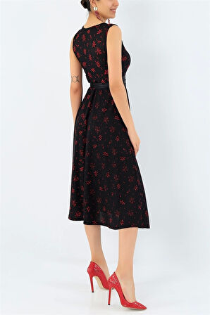 Sıfır Kol Kar Tanesi Desenli Krep Elbise