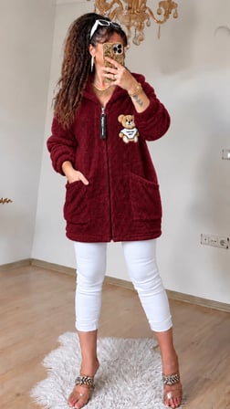 Ayıcık Desen Pelus Mont Bordo
