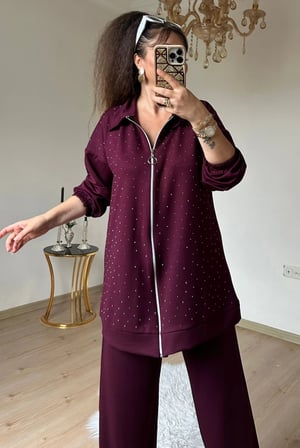 Fermuarlı Taşlı Takım Bordo Büyük Beden
