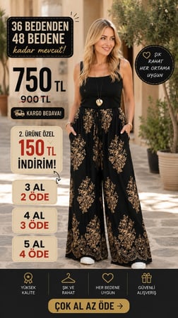 Etnik Desen Beli Lastikli ve İpli Viskon Pantolon Siyah