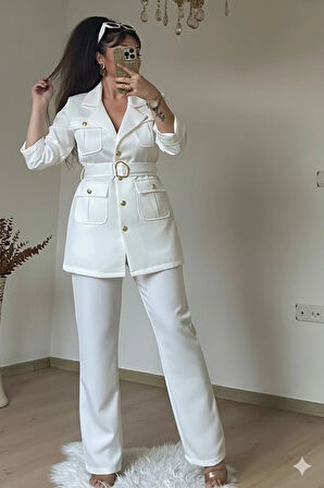 Kemerli Gold Dügmelı Takım Beyaz