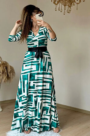 Tam Boy Turkuaz Geometrik Desen Elbise