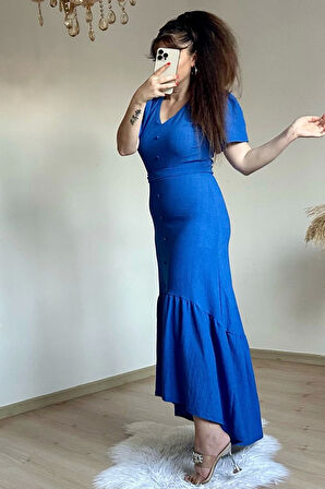 Kısa Kol Romantik Elbise Mavi