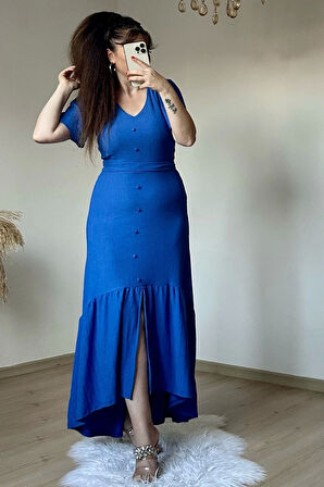 Kısa Kol Romantik Elbise Mavi