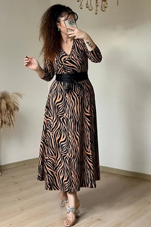 Kruvaze Yaka Uzun Kol Kahve Zebra Süet Elbise