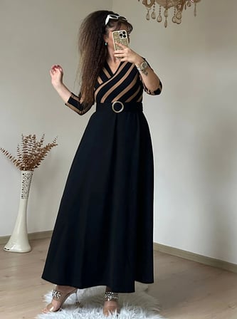 Kahve Cızgılı Halka Kemerlı Trıko Elbise