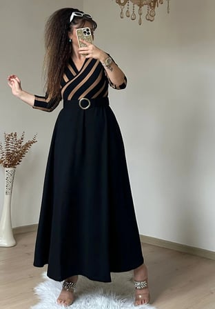 Kahve Cızgılı Halka Kemerlı Trıko Elbise