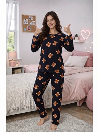 Lacivert Ayıcık Desen Anne Pijama Takımı