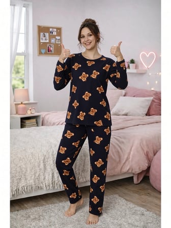 Lacivert Ayıcık Desen Anne Pijama Takımı