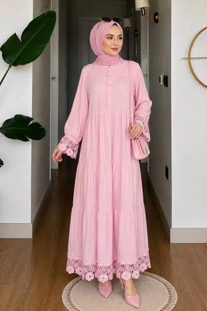 Orkide Kol ve Etek Ucu Dantel Detaylı Elbise Pembe