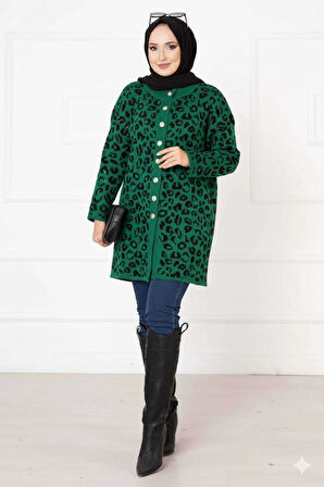 Leopar Desenli Düğmeli Hırka Yeşil