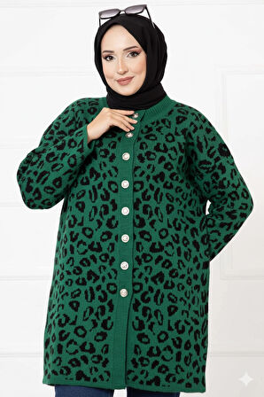 Leopar Desenli Düğmeli Hırka Yeşil