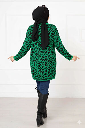 Leopar Desenli Düğmeli Hırka Yeşil