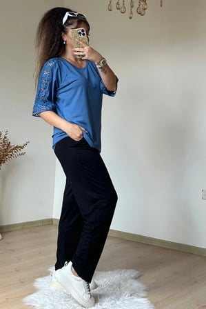 Kolları Dantel Detaylı Takım Mavi