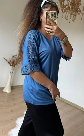 Kolları Dantel Detaylı Takım Mavi