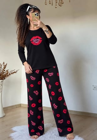Dudak Desen Pijama Takımı Siyah