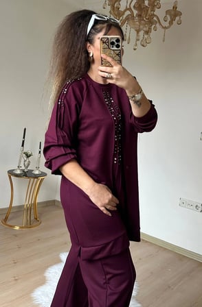 Ön Dikiş Detaylı Taşlı Takım Bordo Büyük Beden