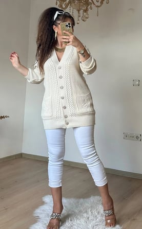 Kısa Gold Düğmeli Trıko hırka Bej