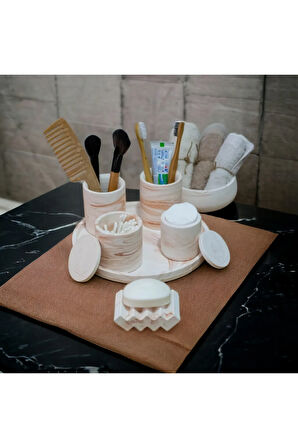 Marble Turuncu Serisi Tepsili Beton Banyo Seti,Pamukluk,Havluluk ve Sabunluk Set