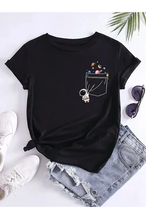 Unisex Figure Astronot Cep Detayı Baskılı Tasarım Tshirt