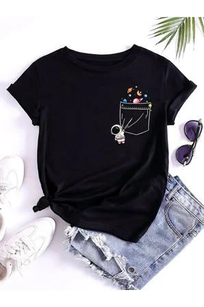 Unisex Figure Astronot Cep Detayı Baskılı Tasarım Tshirt