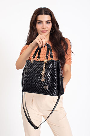 Siyah Rugan Mini Kare Desen Uzun Askılı El Ve Omuz Çanta