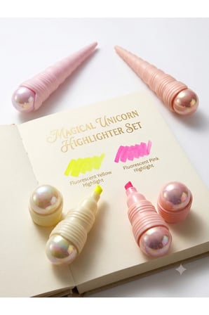 Unicorn Boynuzu Tasarımlı 3'lü Pastel Fosforlu Kalem Seti - Şeffaf Çantalı Sevimli Kawaii Kalem