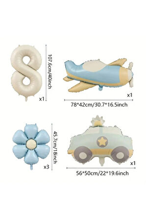 Uçak polis arabası papatya folyo balonlu yaş balon set