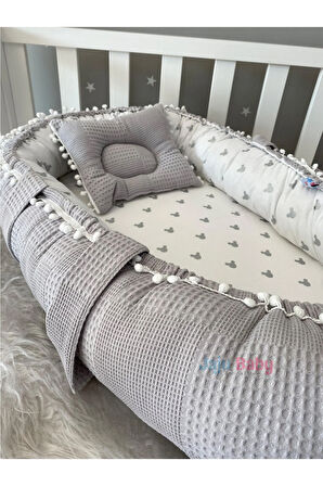 Babynest Gri Waffle Pike Kumaş Micky Tasarım Ponponlu Nest