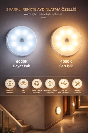 Hareket Sensörlü USB Şarjlı Beyaz LED Işık Pratik Sensörlü Lamba Kablosuz Taşınabilir Aydınlatma