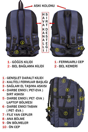 Dada Dağcı Seyahat Günlük Sırt Çantası 60 Litre 17,3 İnç Ortopedik Su Geçirmez Kumaş